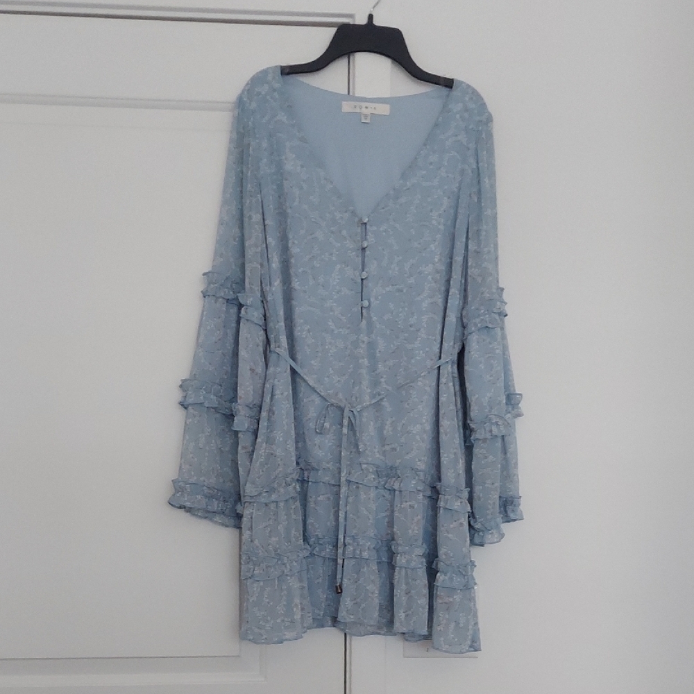ROW A Light Blue Floral Dress with Ruffle Sleeves